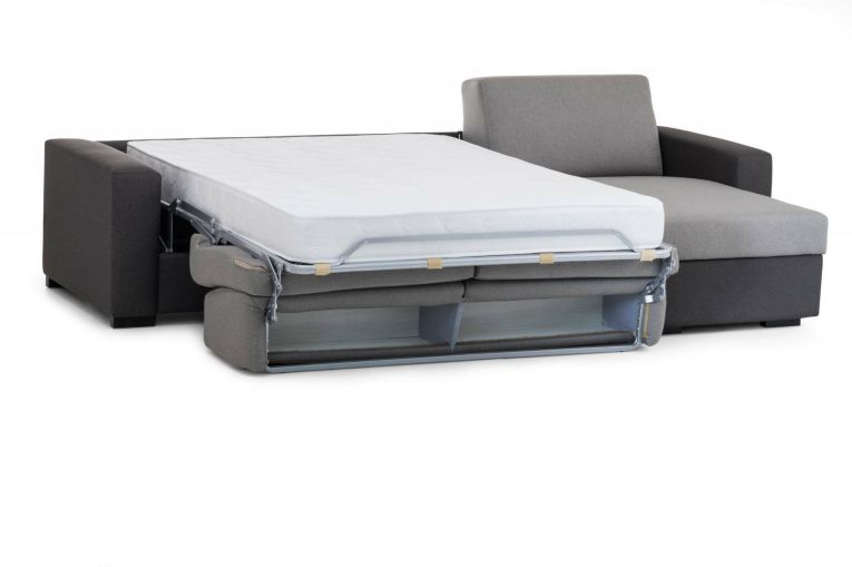Divano Letto Alisea, Divano ad angolo, 100% Made in Italy, Sofà con apertura girevole, con Penisola contenitore reversibile, con Braccioli slim, Cm 260x95h90, Grigio e Antracite