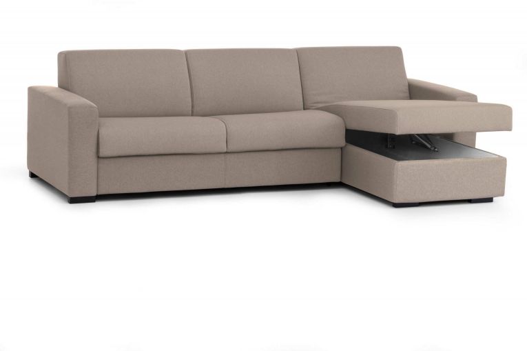 Divano Letto Alisea, Divano ad angolo, 100% Made in Italy, Sofà con apertura girevole, con Penisola contenitore reversibile, con Braccioli slim, Cm 260x95h90, Tortora