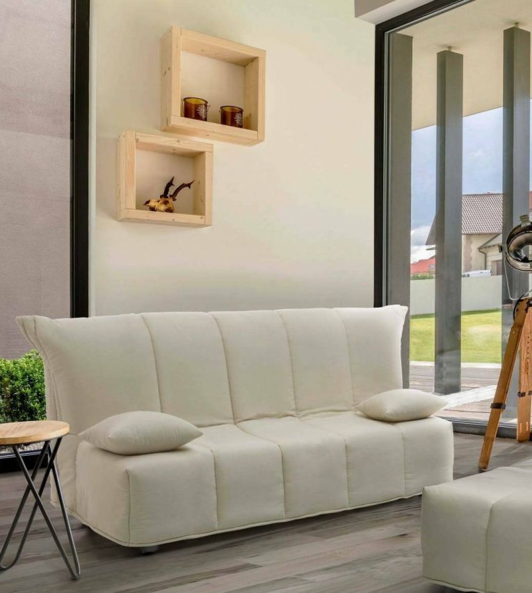 Divano Letto Alisee, Divano a 2 posti, 100% Made in Italy, Sofà Soggiorno con apertura a carrello, in tessuto imbottito, con cuscini inclusi, Cm 125x90h85, Beige