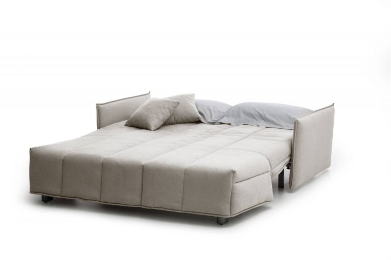 Divano Letto Alissa, Divano a 2 posti, 100% Made in Italy, Sofà Soggiorno con apertura a carrello, in tessuto imbottito, con Braccioli standard, Cm 150x90h85, Beige