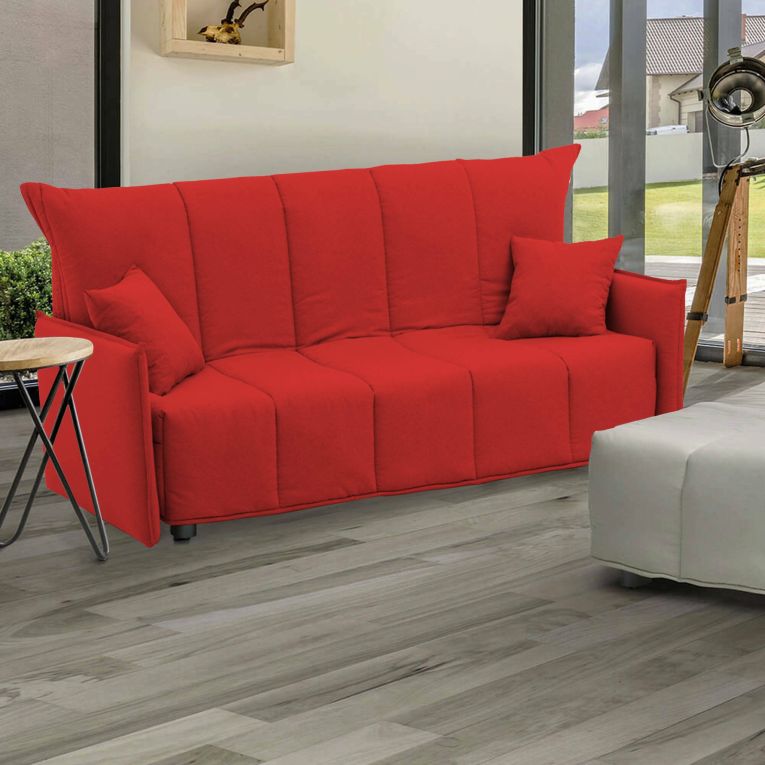 Divano Letto Alissa, Divano a 2 posti, 100% Made in Italy, Sofà Soggiorno con apertura a carrello, in tessuto imbottito, con Braccioli standard, Cm 150x90h85, Rosso