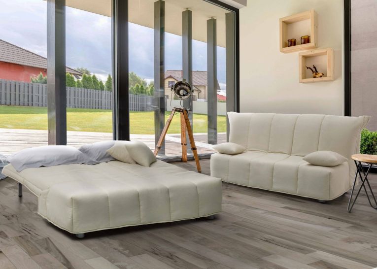 Divano Letto Allegra, Divano a 3 posti, 100% Made in Italy, Sofà Soggiorno con apertura a carrello, in tessuto imbottito, con cuscini inclusi, Cm 165x90h85, Beige