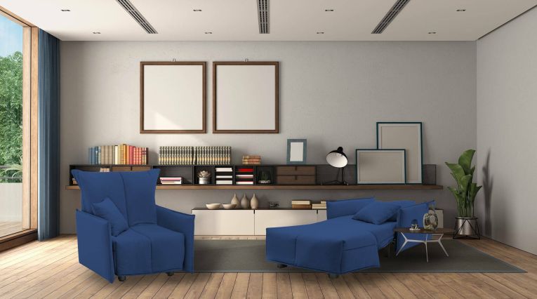 Divano Letto Almerinda, Divano singolo, 100% Made in Italy, Poltrona soggiorno con apertura a carrello, in tessuto imbottito, con Braccioli standard, Cm 110x90h85, Blu