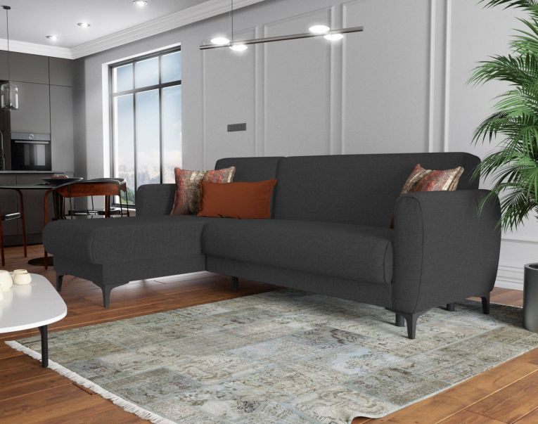Divano letto Angel, Divano letto ad angolo con penisola reversibile, Sofà contenitore moderno con chaiselongue e 3 cuscini, 230x153h85 cm, Antracite