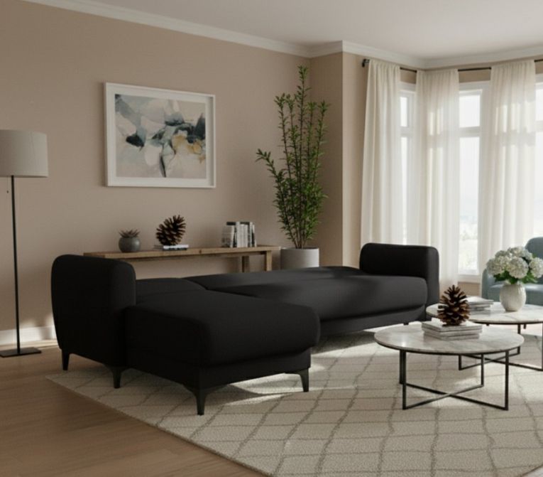 Divano letto Angel, Divano letto ad angolo con penisola reversibile, Sofà contenitore moderno con chaiselongue e 3 cuscini, 230x153h85 cm, Antracite