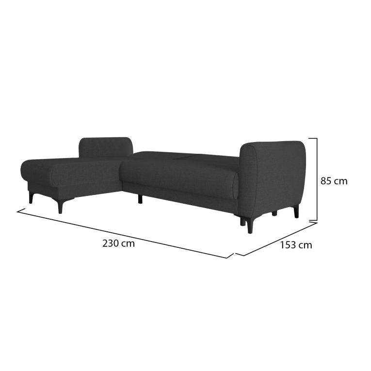 Divano letto Angel, Divano letto ad angolo con penisola reversibile, Sofà contenitore moderno con chaiselongue e 3 cuscini, 230x153h85 cm, Antracite