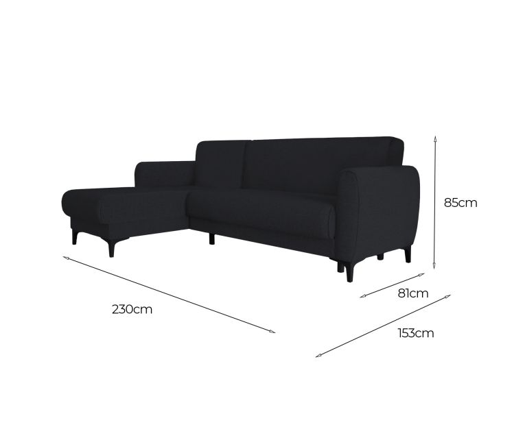 Divano letto Angel, Divano letto ad angolo con penisola reversibile, Sofà contenitore moderno con chaiselongue e 3 cuscini, 230x153h85 cm, Blu