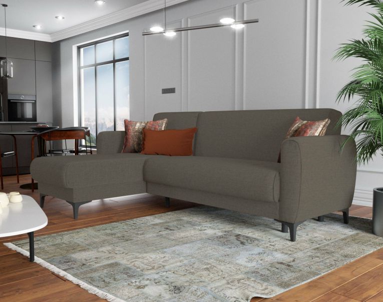 Divano letto Angel, Divano letto ad angolo con penisola reversibile, Sofà contenitore moderno con chaiselongue e 3 cuscini, 230x153h85 cm, Marrone