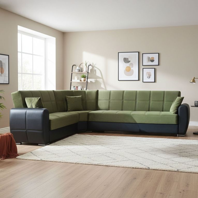 Divano letto angolare nero e verde 305x238cm - Gaillardia