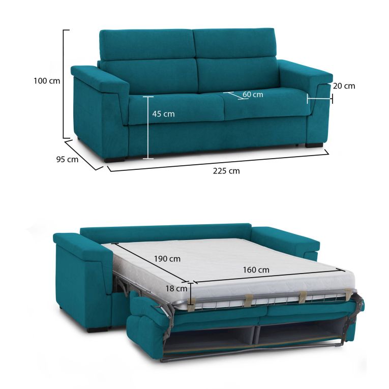 Divano letto compatto azzurro 225x95cm - Benedetto