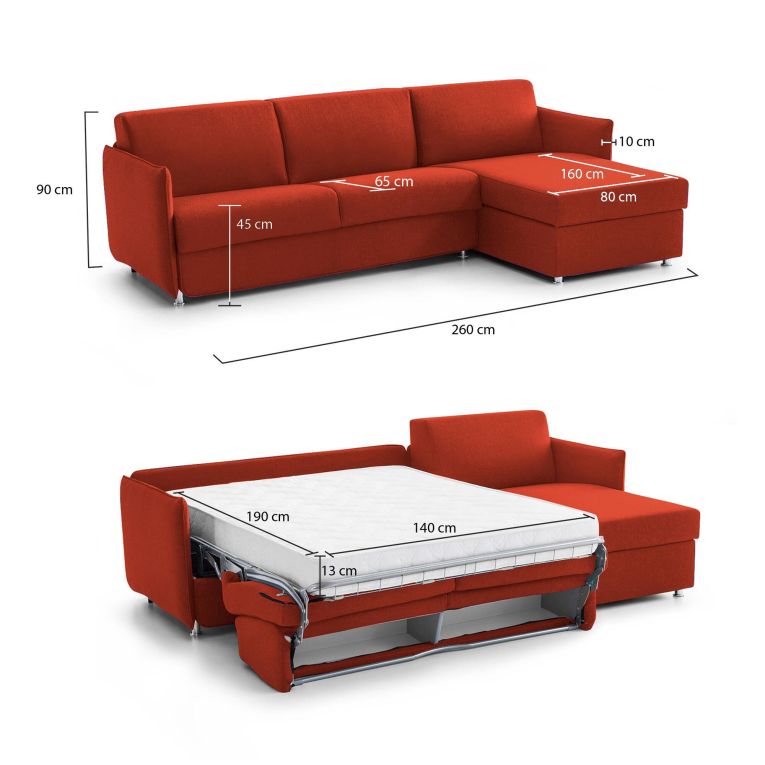 Divano letto con penisola arancione 260x160cm - Scordia