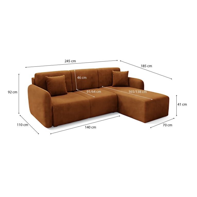Divano Letto con Penisola Arancione Contenitore Reversibile 245x185 cm, Reclinabile - Ranco
