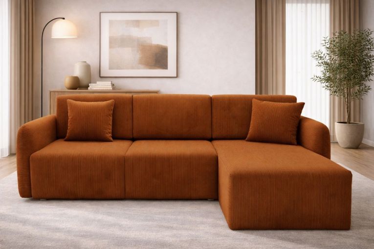 Divano Letto con Penisola Arancione Contenitore Reversibile 245x185 cm, Reclinabile - Ranco