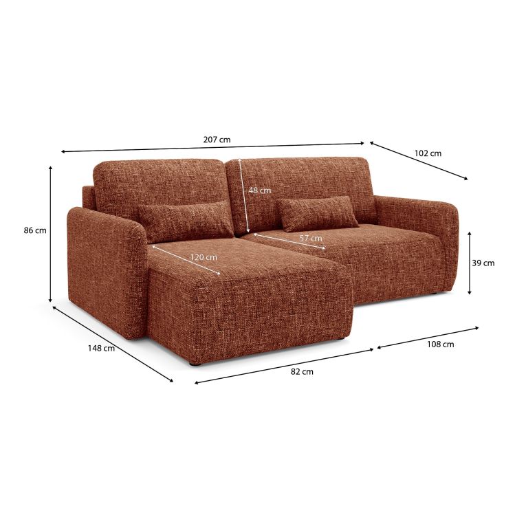 Divano Letto con Penisola Arancione Scuro Contenitore Reclinabile 207x148 cm, Reversibile - Pagno