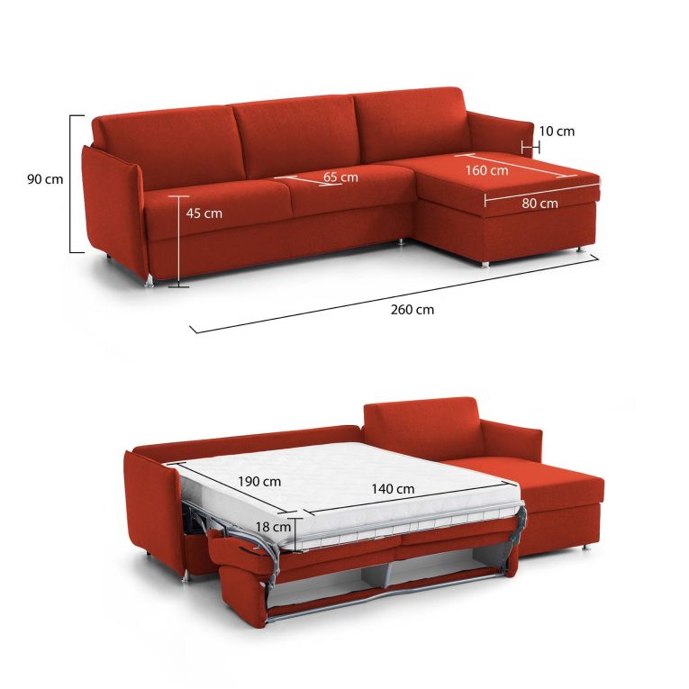 Divano Letto con Penisola Arancione Sfoderabile Contenitore 260x160 cm, Idrorepellente Multiposizione Trasformabile in Letto Made in Italy - Sumirago