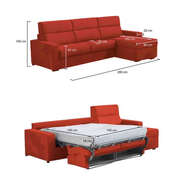 Divano Letto con Penisola Arancione Sfoderabile Contenitore 280x160 cm, Idrorepellente Trasformabile in Letto Rete Elettrosaldata Made in Italy