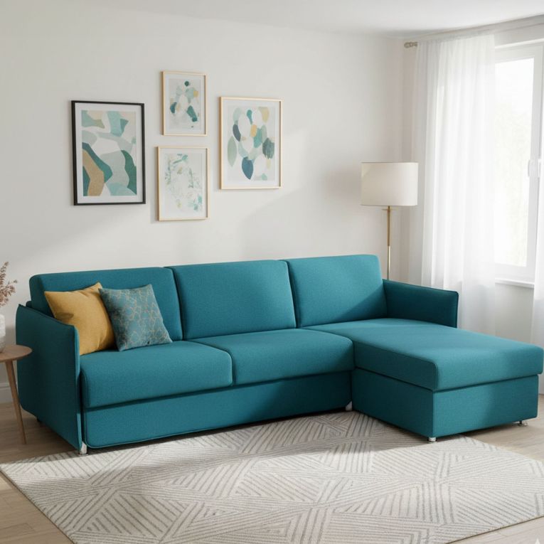 Divano Letto con Penisola Azzurro Sfoderabile Contenitore 260x160 cm, Idrorepellente Multiposizione Trasformabile in Letto Made in Italy - Sumirago