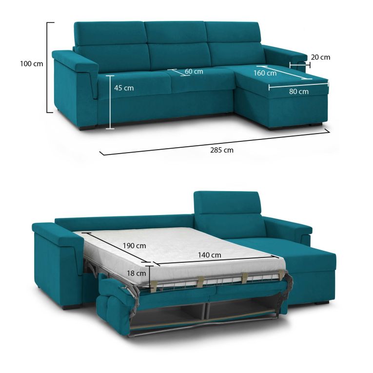 Divano Letto con Penisola Azzurro Sfoderabile Contenitore 285x160 cm, Idrorepellente Multiposizione Trasformabile in Letto Made in Italy - Ganzaria