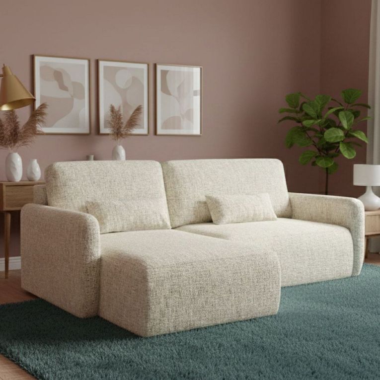 Divano Letto con Penisola Beige Chiaro Contenitore Reclinabile 207x148 cm, Reversibile - Pagno