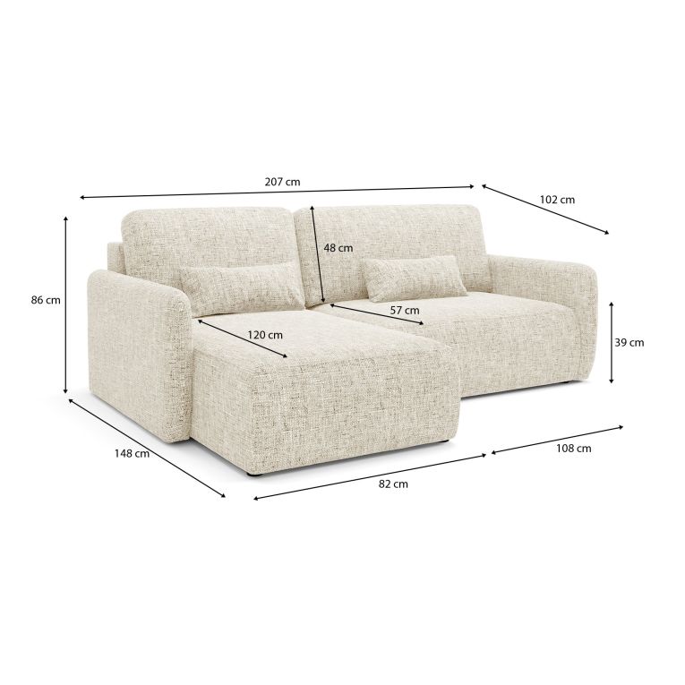 Divano Letto con Penisola Beige Chiaro Contenitore Reclinabile 207x148 cm, Reversibile - Pagno