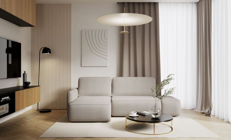 Divano Letto con Penisola Beige Chiaro Contenitore Reclinabile 229x148 cm, Cuscini Sfoderabili - Rezzo