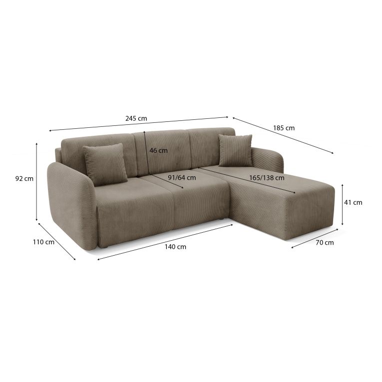 Divano Letto con Penisola Beige Contenitore Cuscini Sfoderabili 245x185 cm, Reclinabile - Ranco