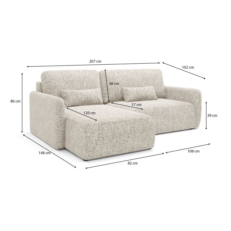 Divano Letto con Penisola Beige Contenitore Reclinabile 207x148 cm, Reversibile - Pagno