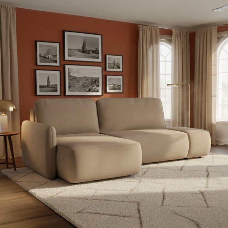 Divano Letto con Penisola Beige Contenitore Reclinabile 229x148 cm, Cuscini Sfoderabili - Rezzo
