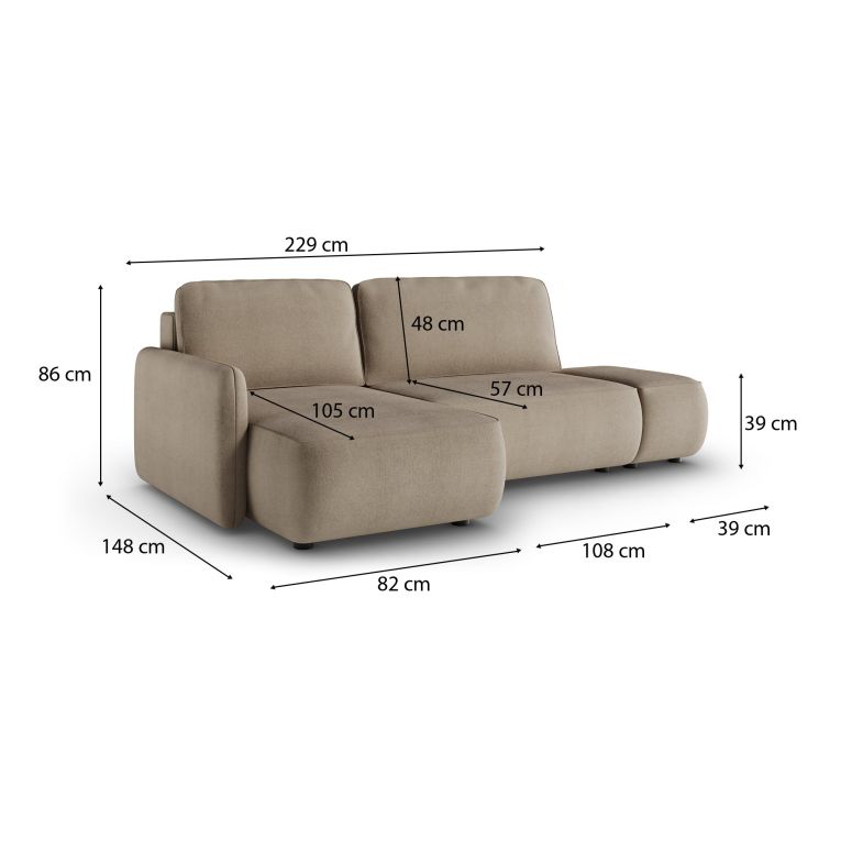 Divano Letto con Penisola Beige Contenitore Reclinabile 229x148 cm, Cuscini Sfoderabili - Rezzo