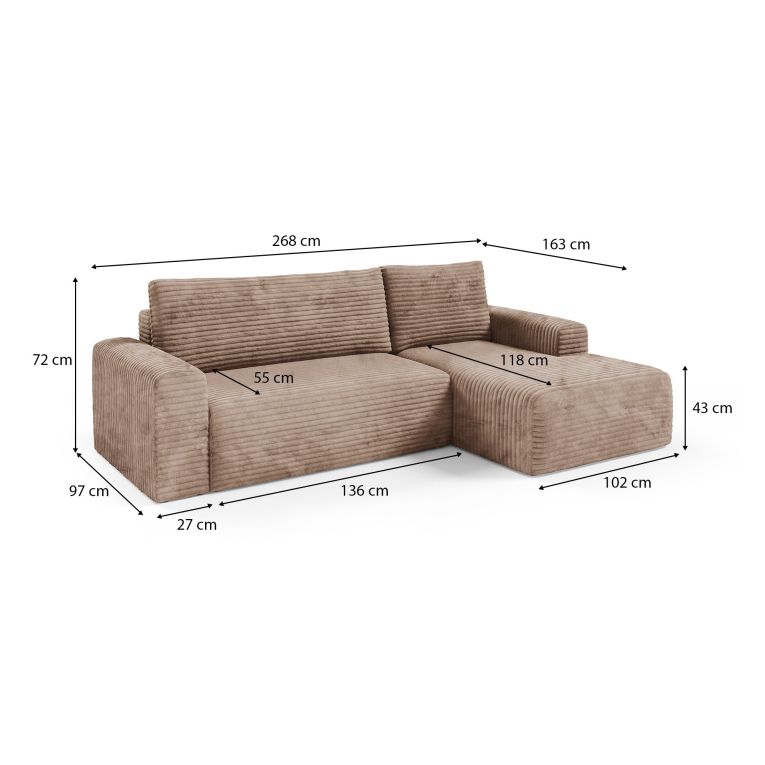 Divano Letto con Penisola Beige Contenitore Reclinabile 268x163 cm, Cuscini Sfoderabili - Folgarida