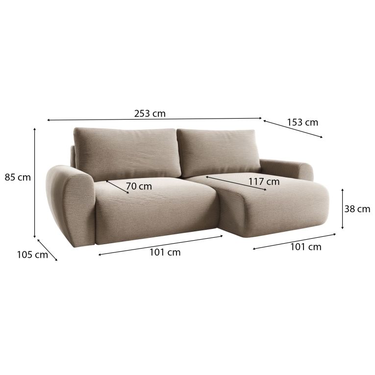 Divano Letto con Penisola Beige Contenitore Reversibile 253x153 cm, Reclinabile - Paullo