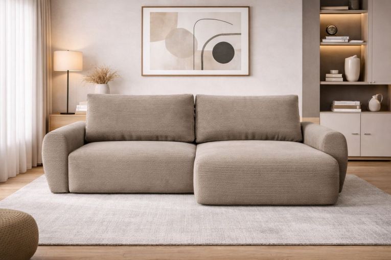 Divano Letto con Penisola Beige Contenitore Reversibile 253x153 cm, Reclinabile - Paullo