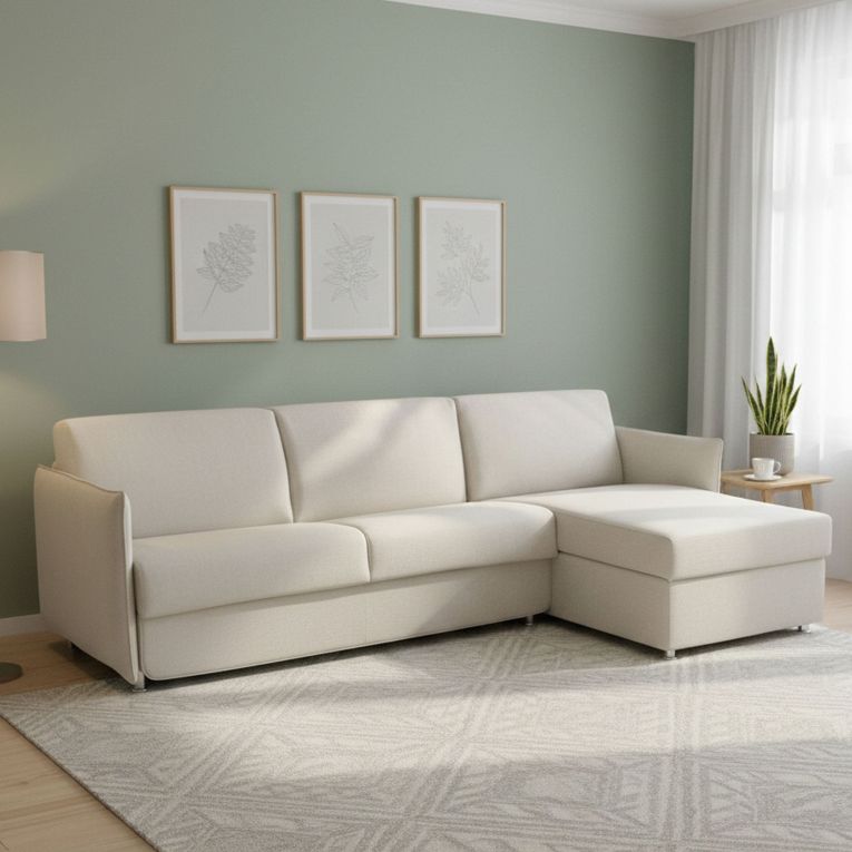 Divano Letto con Penisola Beige Sfoderabile Contenitore 260x160 cm, Idrorepellente Trasformabile in Letto Multiposizione Made in Italy - Scordia