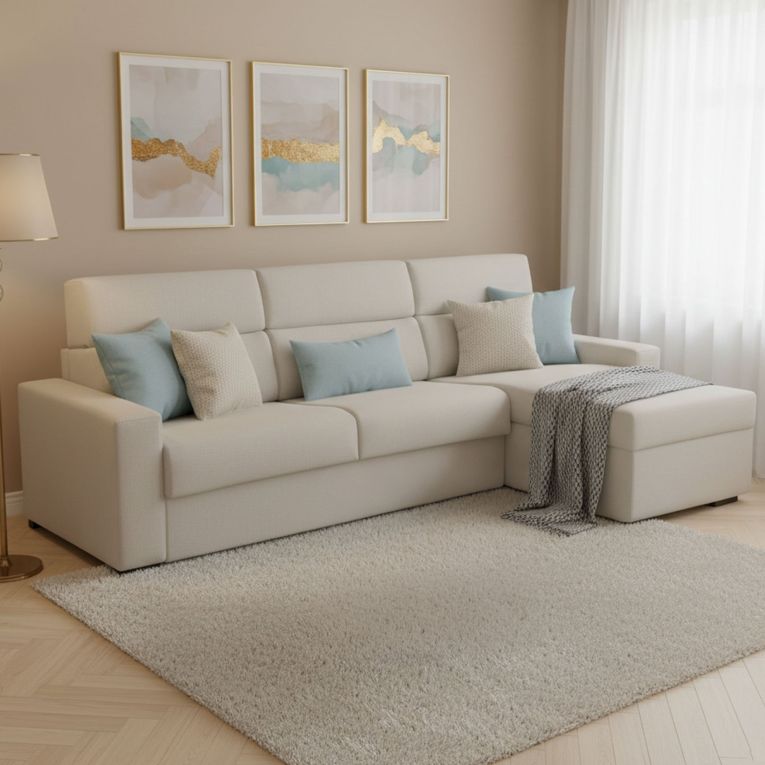 Divano Letto con Penisola Beige Sfoderabile Contenitore 280x160 cm, Idrorepellente Multiposizione Trasformabile in Letto Made in Italy - Celleno