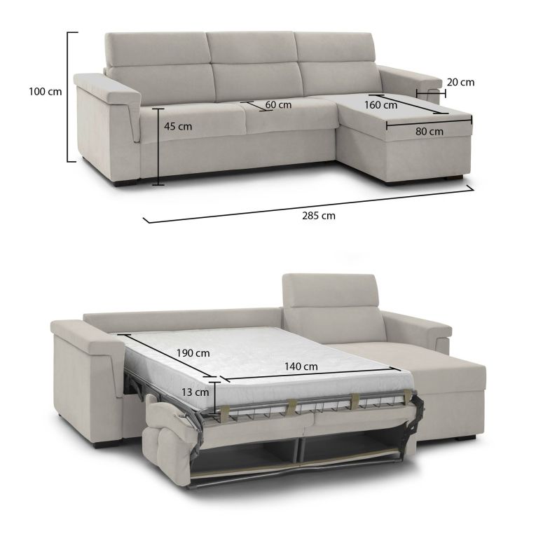 Divano Letto con Penisola Beige Sfoderabile Contenitore 285x160 cm, Idrorepellente Multiposizione Trasformabile in Letto Made in Italy - Esca