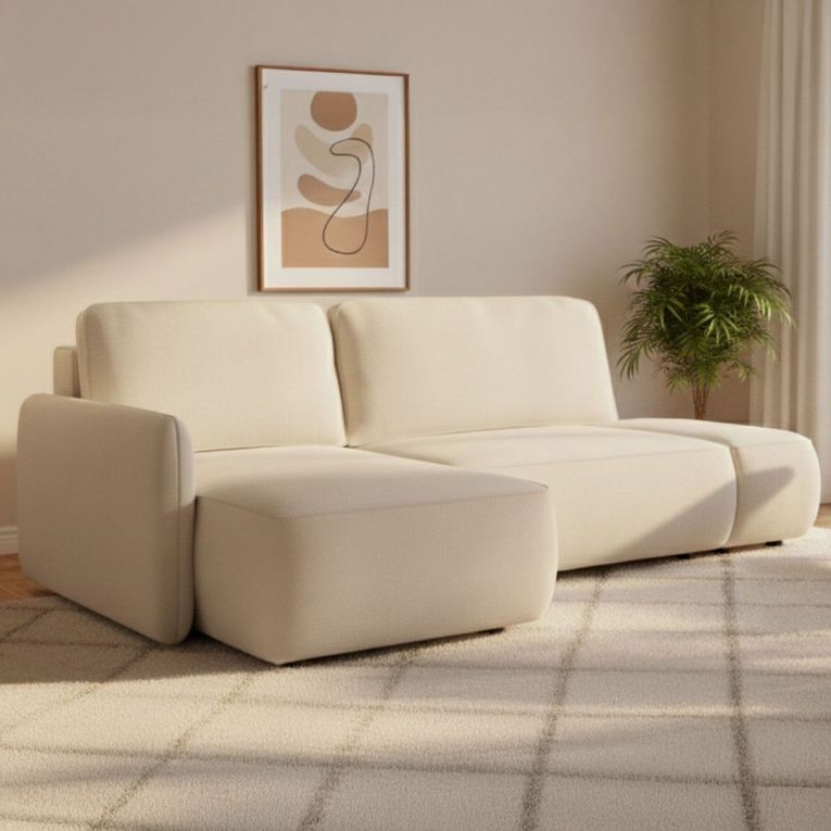 Divano Letto con Penisola Bianco Crema Contenitore Reclinabile 229x148 cm, Cuscini Sfoderabili - Rezzo