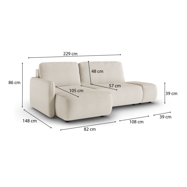 Divano Letto con Penisola Bianco Crema Contenitore Reclinabile 229x148 cm, Cuscini Sfoderabili - Rezzo