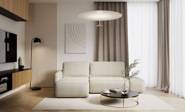 Divano Letto con Penisola Bianco Crema Contenitore Reclinabile 229x148 cm, Cuscini Sfoderabili - Rezzo