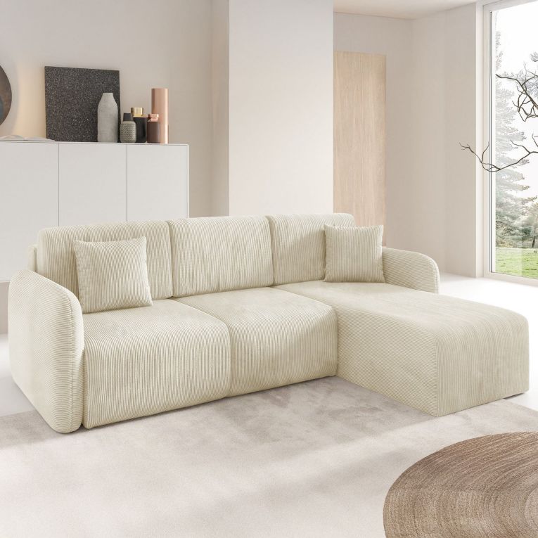 Divano Letto con Penisola Bianco Crema Contenitore Reclinabile 245x185 cm, Reversibile - Ranco