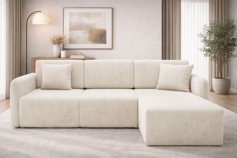 Divano Letto con Penisola Bianco Crema Contenitore Reclinabile 245x185 cm, Reversibile - Ranco