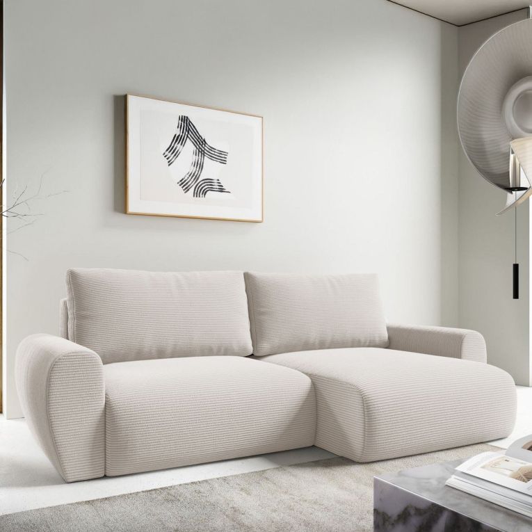 Divano Letto con Penisola Bianco Crema Contenitore Reclinabile 253x153 cm, Reversibile - Paullo