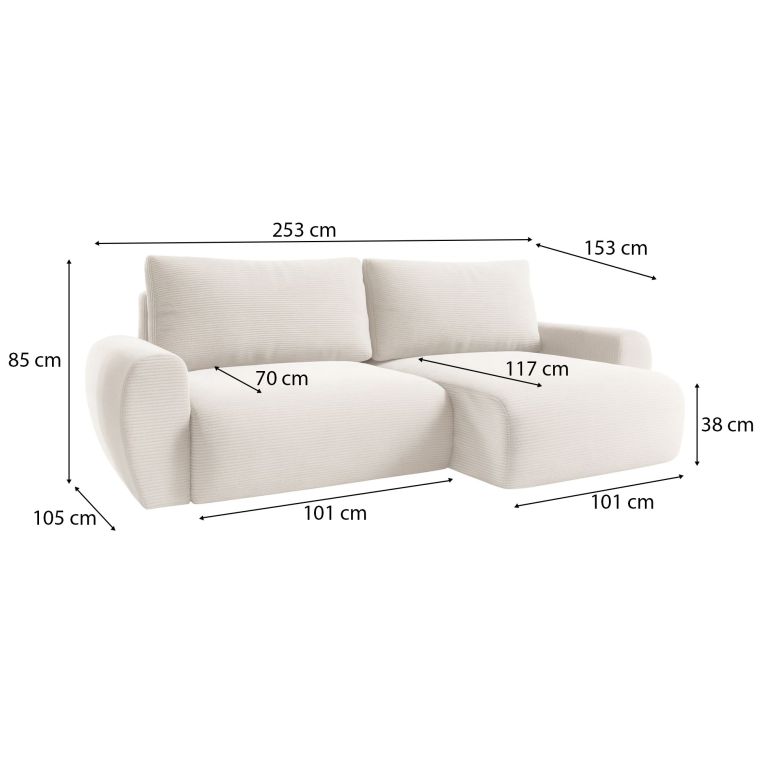 Divano Letto con Penisola Bianco Crema Contenitore Reclinabile 253x153 cm, Reversibile - Paullo