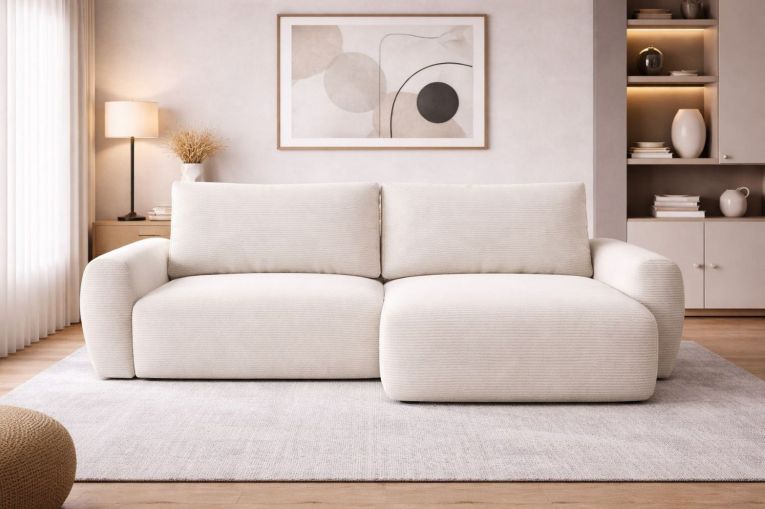 Divano Letto con Penisola Bianco Crema Contenitore Reclinabile 253x153 cm, Reversibile - Paullo