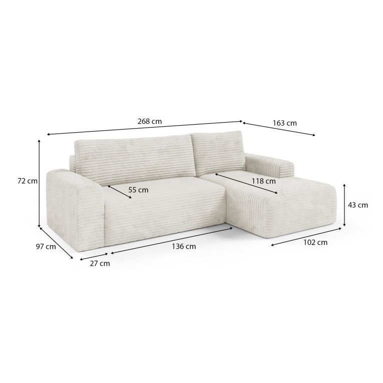 Divano Letto con Penisola Bianco Crema Contenitore Reclinabile 268x163 cm, Cuscini Sfoderabili - Folgarida