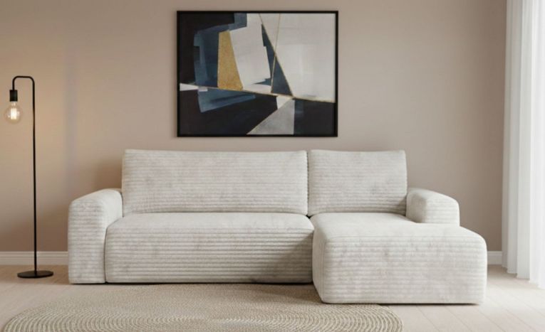 Divano Letto con Penisola Bianco Crema Contenitore Reclinabile 268x163 cm, Cuscini Sfoderabili - Folgarida