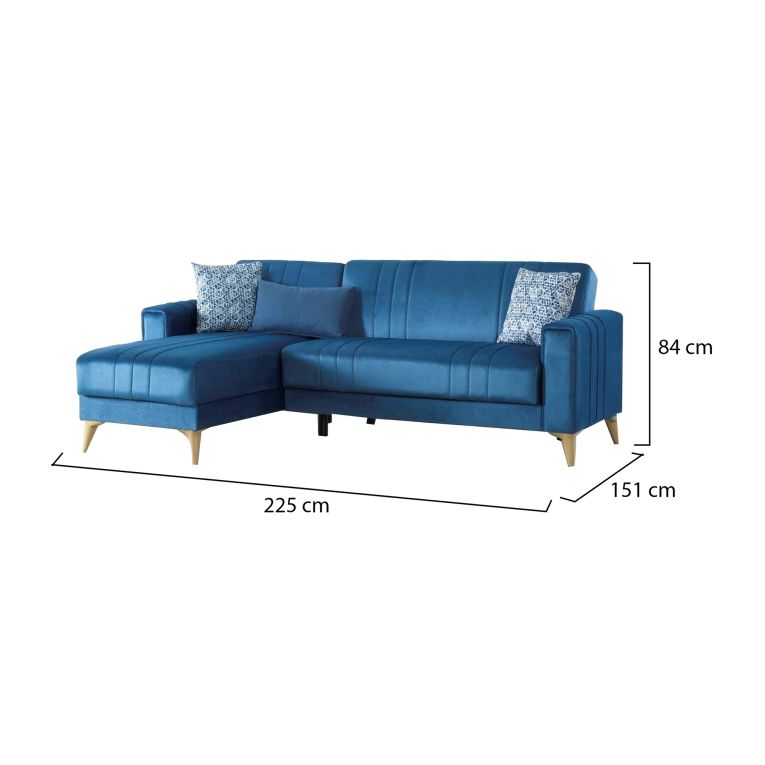 Divano Letto con Penisola blu Contenitore con Piedini 225x151 cm, Reclinabile - Aronix
