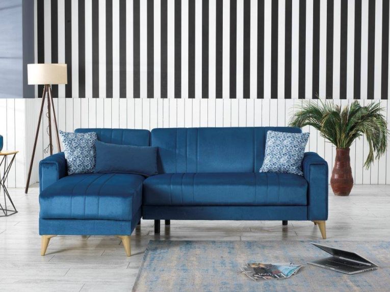 Divano Letto con Penisola blu Contenitore con Piedini 225x151 cm, Reclinabile - Aronix