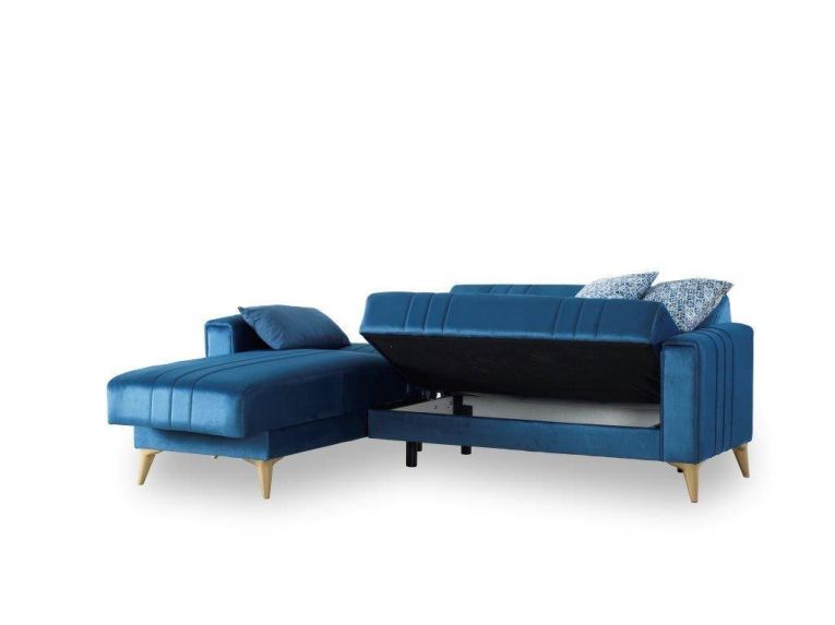 Divano Letto con Penisola blu Contenitore con Piedini 225x151 cm, Reclinabile - Aronix