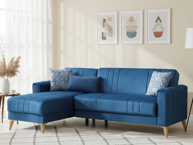 Divano Letto con Penisola blu Contenitore con Piedini 225x151 cm, Reclinabile - Aronix