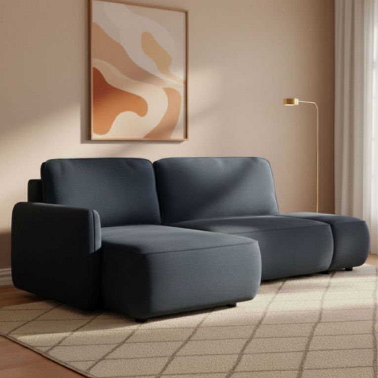 Divano Letto con Penisola blu Contenitore Reclinabile 229x148 cm, Cuscini Sfoderabili - Rezzo